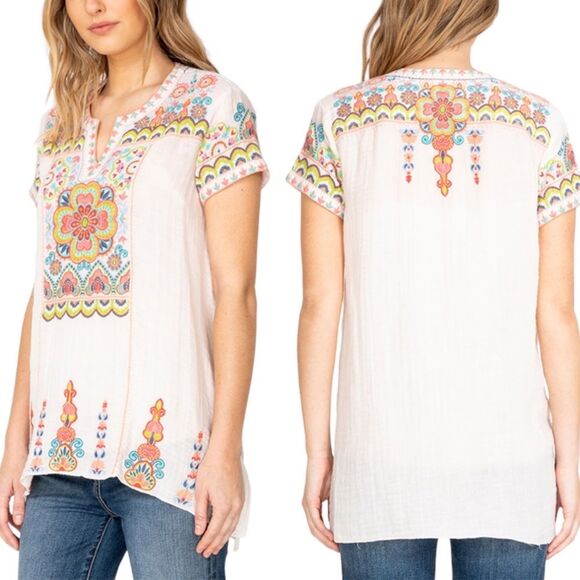 NWT Johnny Was Tamia Boho Drape Top Size XS White Embroidered Bohemian Tunic NEW - Picture 16 of 16